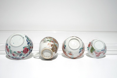 Four Chinese famille rose cups and saucers, Yongzheng/Qianlong