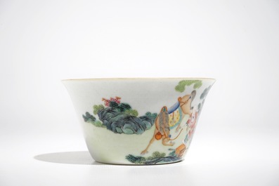 A small Chinese famille rose bowl with figural design, Jiaqing mark and period