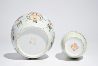 Four Chinese famille rose and verte plates and two vases, Qianlong, 19th and 20th C.