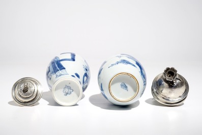 Two Chinese blue and white silver-mounted tea caddies, Kangxi
