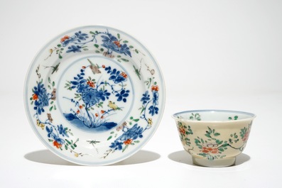 Three Chinese famille verte caf&eacute; au lait-ground cups and four saucers, Kangxi