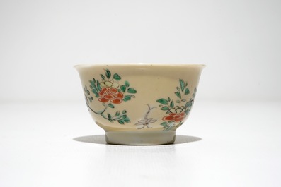 Three Chinese famille verte caf&eacute; au lait-ground cups and four saucers, Kangxi