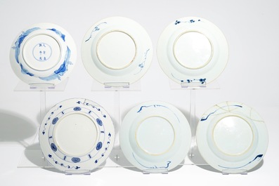 Six Chinese blue and white plates, Kangxi and later