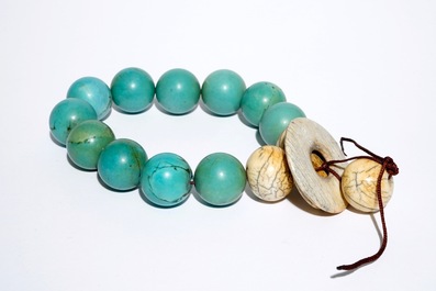 A Chinese bracelet of turquoise and ivory beads, 19th C.