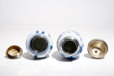 Two Chinese blue and white silver-mounted tea caddies, Kangxi