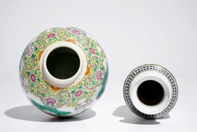 Four Chinese famille rose and verte plates and two vases, Qianlong, 19th and 20th C.