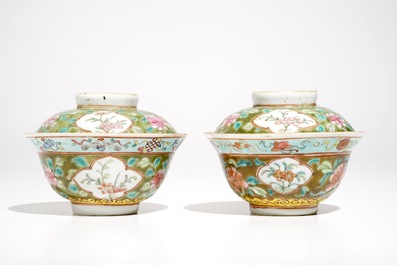 A pair of Chinese famille rose Straits or Peranakan covered bowls, 19th C.