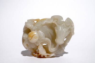 A Chinese white jade carving of a "Three rams" group, 19/20th C.