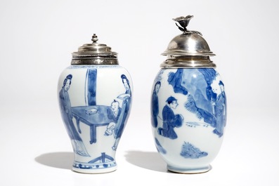 Two Chinese blue and white silver-mounted tea caddies, Kangxi
