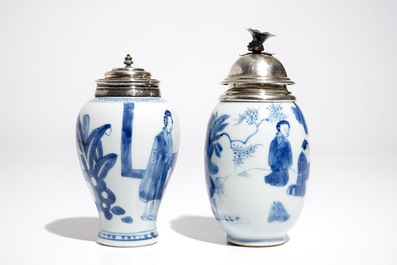 Two Chinese blue and white silver-mounted tea caddies, Kangxi