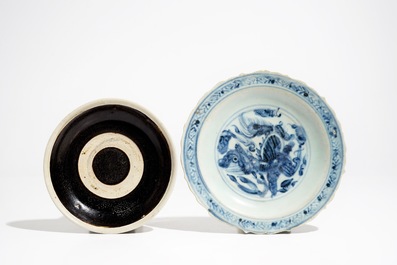 A Chinese blue and white bowl and a qilin plate, Ming, and a Cizhou plate, Jin/Song