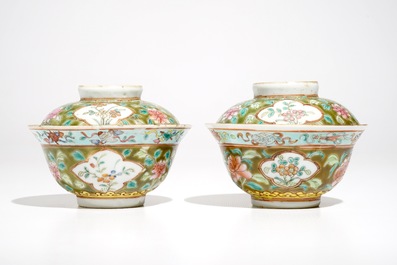 A pair of Chinese famille rose Straits or Peranakan covered bowls, 19th C.