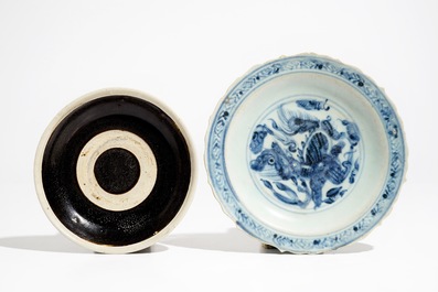 A Chinese blue and white bowl and a qilin plate, Ming, and a Cizhou plate, Jin/Song