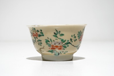 Three Chinese famille verte caf&eacute; au lait-ground cups and four saucers, Kangxi