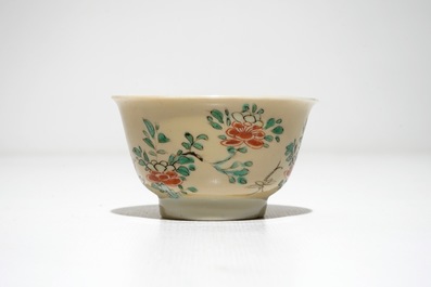 Three Chinese famille verte caf&eacute; au lait-ground cups and four saucers, Kangxi