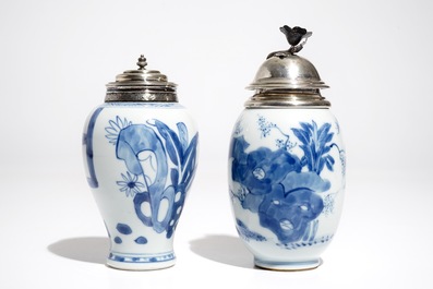 Two Chinese blue and white silver-mounted tea caddies, Kangxi