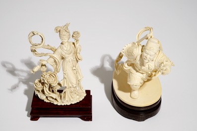 A Chinese ivory warrior and Chang'e on wooden stands, 19/20th C.