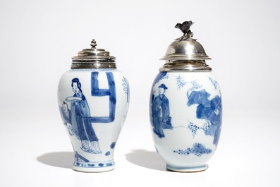 Two Chinese blue and white silver-mounted tea caddies, Kangxi