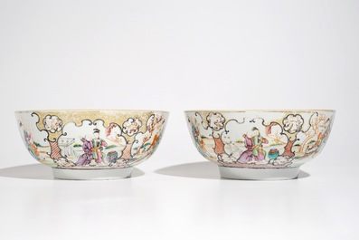A pair of large Chinese famille rose mandarin bowls, Qianlong
