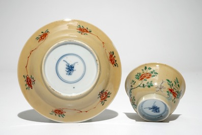 Three Chinese famille verte caf&eacute; au lait-ground cups and four saucers, Kangxi