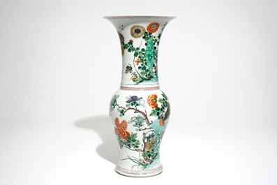 A Chinese famille verte yenyen vase with birds and flowers, Kangxi