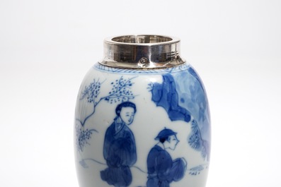 Two Chinese blue and white silver-mounted tea caddies, Kangxi