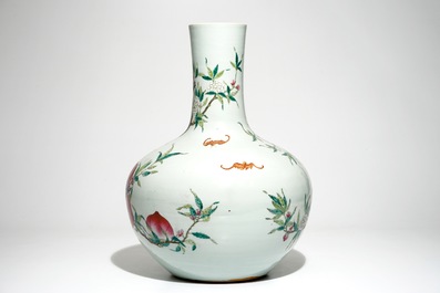 A fine Chinese famille rose tianqiu ping &ldquo;Nine peaches&rdquo; vase, Guangxu mark, 19/20th C.