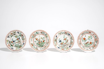 Four Chinese famille verte cups and saucers, Kangxi