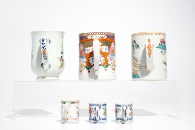 Six chopes en porcelaine de Chine famille rose et verte, Kangxi/Qianlong