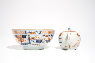A Chinese verte-Imari teapot and an Imari style bowl, Kangxi