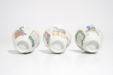 Three Chinese famille rose Wu Shuang Pu cups and saucers , 19th C.