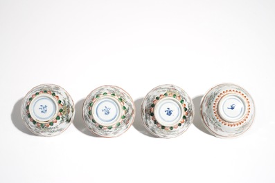 Four Chinese famille verte cups and saucers, Kangxi