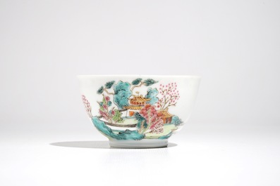A Chinese famille rose cup and saucer with landscape design, Yongzheng/Qianlong