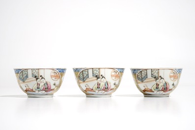 Three Chinese famille rose and gilt cups and saucers, Yongzheng/Qianlong