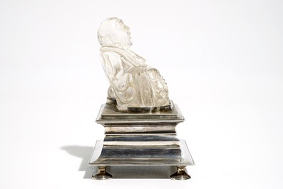 A Chinese rock crystal Buddha on German silver stand, poss. Augsburg, 18/20th C.
