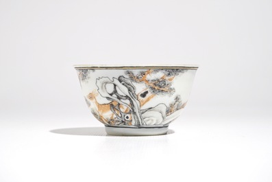 A Chinese anhua decorated cup and saucer with polychrome deer design, Yongzheng