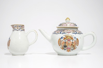 A Chinese famille rose armorial teapot and milk jug, Qianlong