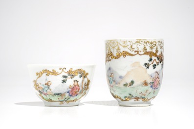 Two Chinese famille rose cups and a saucer with European hunters, Qianlong