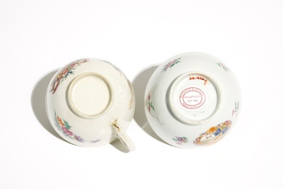 Two Chinese famille rose Dutch market armorial cups and saucers, Qianlong