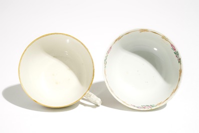 Two Chinese famille rose Dutch market armorial cups and saucers, Qianlong