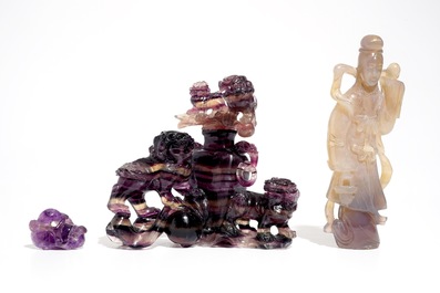Trois sculptures en am&eacute;thyste et agate pourpre, Chine, 19/20&egrave;me