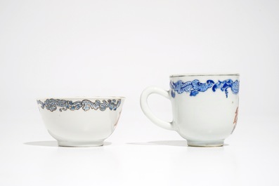 Two Chinese armorial cups and a saucer for the Belgian market, Qianlong