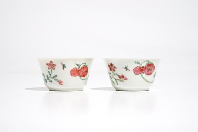 Two Chinese famille rose cups and three saucers with floral design, Yongzheng/Qianlong