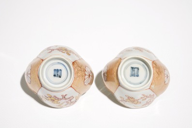 A pair of Chinese milk and blood quatrefoil cups and saucers, Kangxi