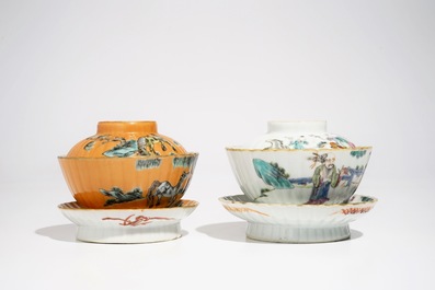 Two Chinese famille rose covered bowls on stands, 19e eeuw