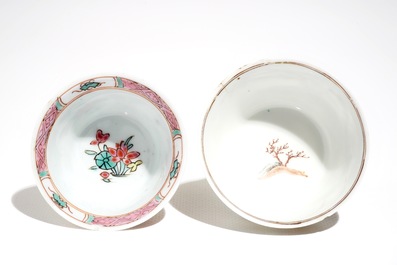 Two Chinese famille rose cups and saucers, Yongzheng/Qianlong