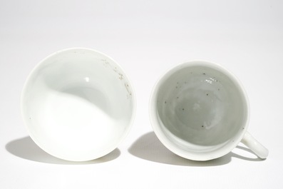 Two Chinese famille rose cups and a saucer with European hunters, Qianlong