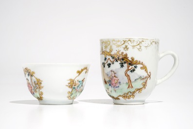 Two Chinese famille rose cups and a saucer with European hunters, Qianlong