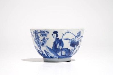 A Chinese blue and white Long Eliza cup and saucer, Kangxi