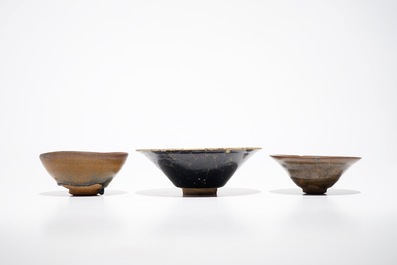 Two Chinese Jian hare's fur tea bowls and a bowl with broken ice design, prob. Song